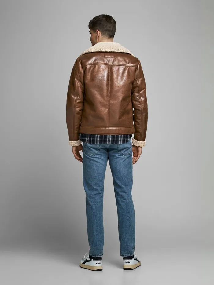 Jackets JACK and JONES Mens AVIATOR FAUX LEATHER JACKET Brown Cognac