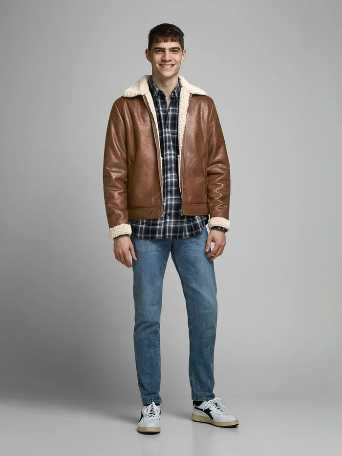 Jackets JACK and JONES Mens AVIATOR FAUX LEATHER JACKET Brown Cognac