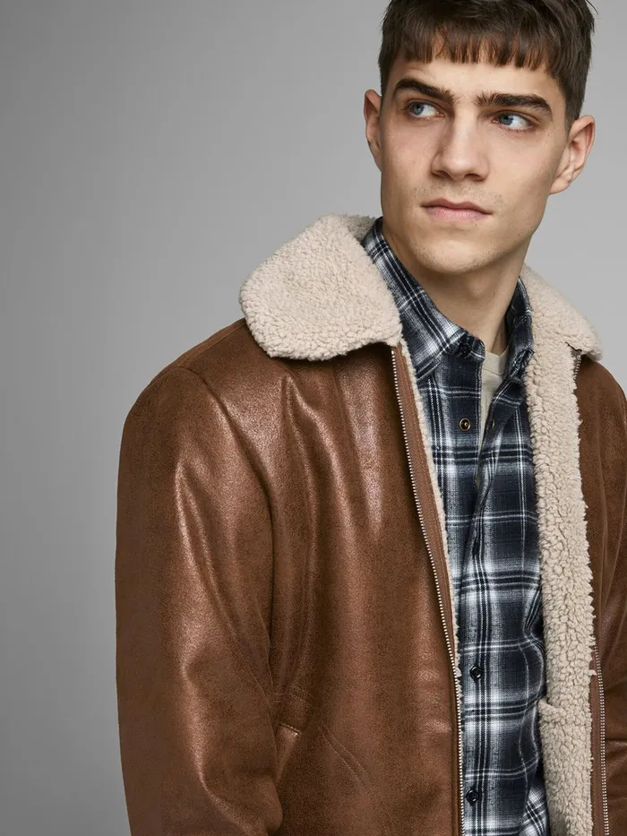 Jackets JACK and JONES Mens AVIATOR FAUX LEATHER JACKET Brown Cognac