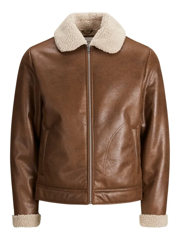 Jackets JACK and JONES Mens AVIATOR FAUX LEATHER JACKET Brown Cognac