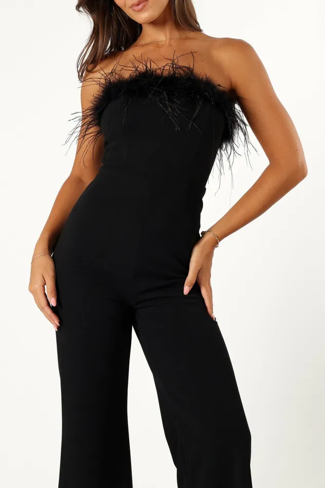 Jumpsuits and Rompers Women Petal and Pup Louise Feather Trim Jumpsuit Black