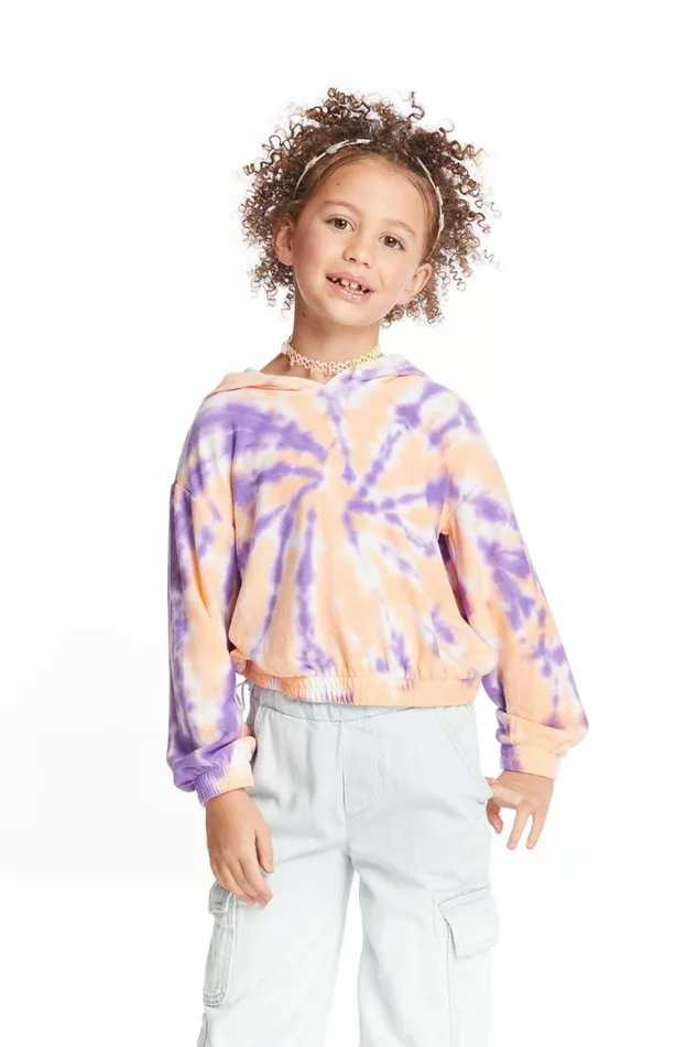 Kids Chaser Brand Girls Semi Cropped Peach Lavender Girls Shirred Hoodie Pullover