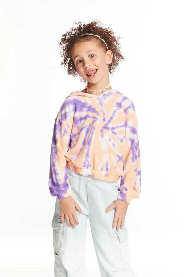 Kids Chaser Brand Girls Semi Cropped Peach Lavender Girls Shirred Hoodie Pullover
