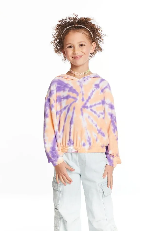 Kids Chaser Brand Girls Semi Cropped Peach Lavender Girls Shirred Hoodie Pullover