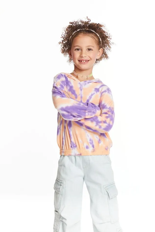 Kids Chaser Brand Girls Semi Cropped Peach Lavender Girls Shirred Hoodie Pullover