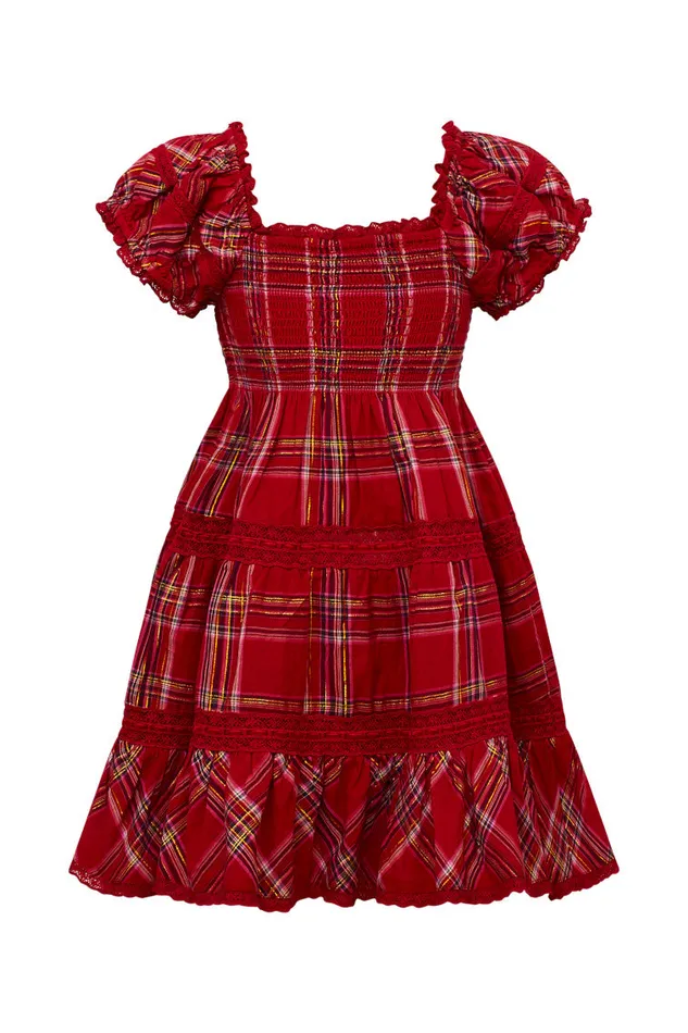 Kids LoveShackFancy Girls Girls Muriella Tartan Midi Dress Cheery Red