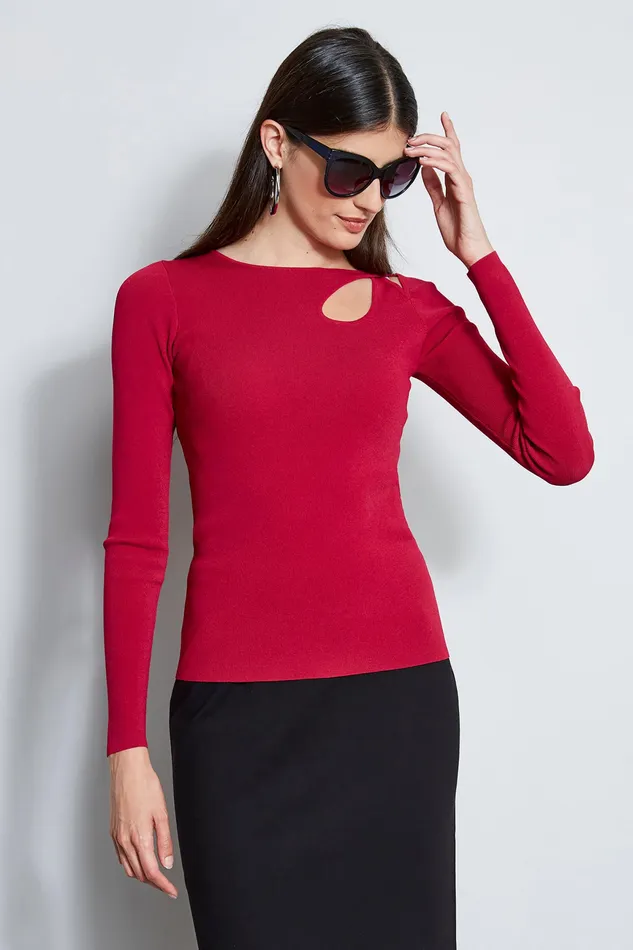 Knits and Sweaters Women Elie Tahari Long Sleeve Cut Out Rib Knit DEEP CERISE