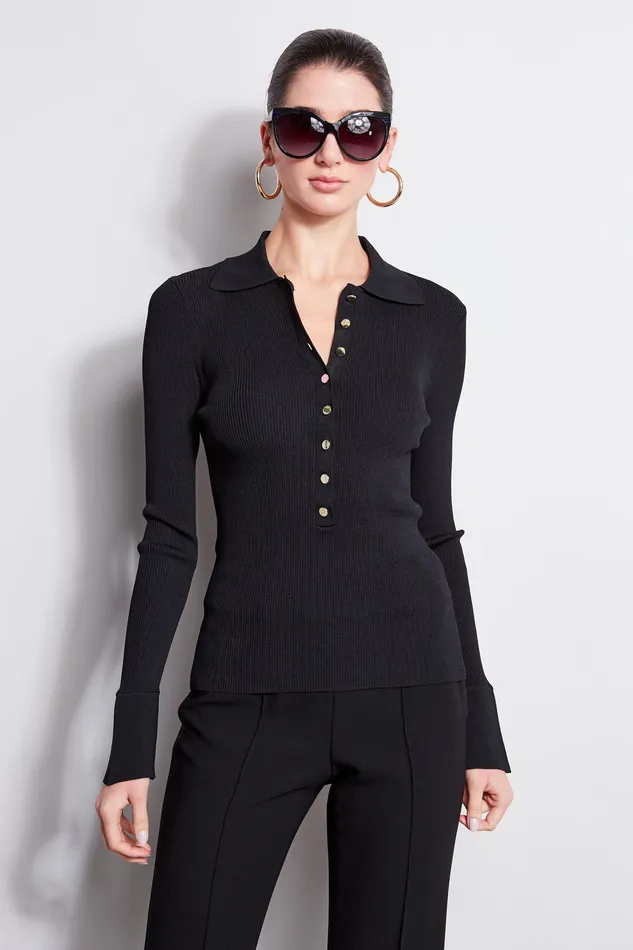Knits and Sweaters Women Elie Tahari Long Sleeve Polo Sweater BLACK