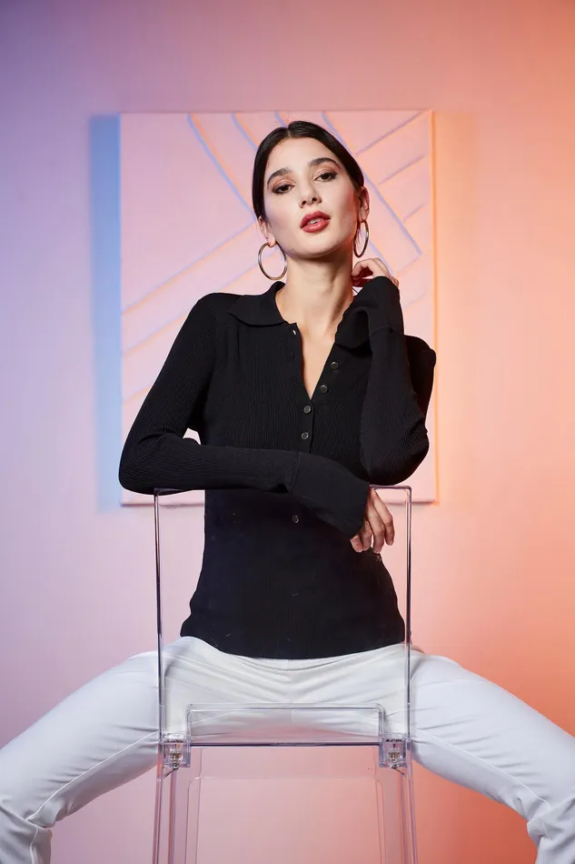 Knits and Sweaters Women Elie Tahari Long Sleeve Polo Sweater BLACK