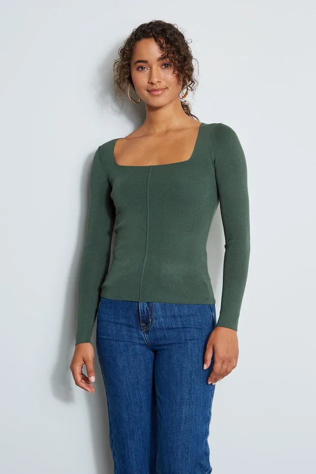 Knits and Sweaters Women Elie Tahari Long Sleeve Square Neck Rib Sweater FOREST