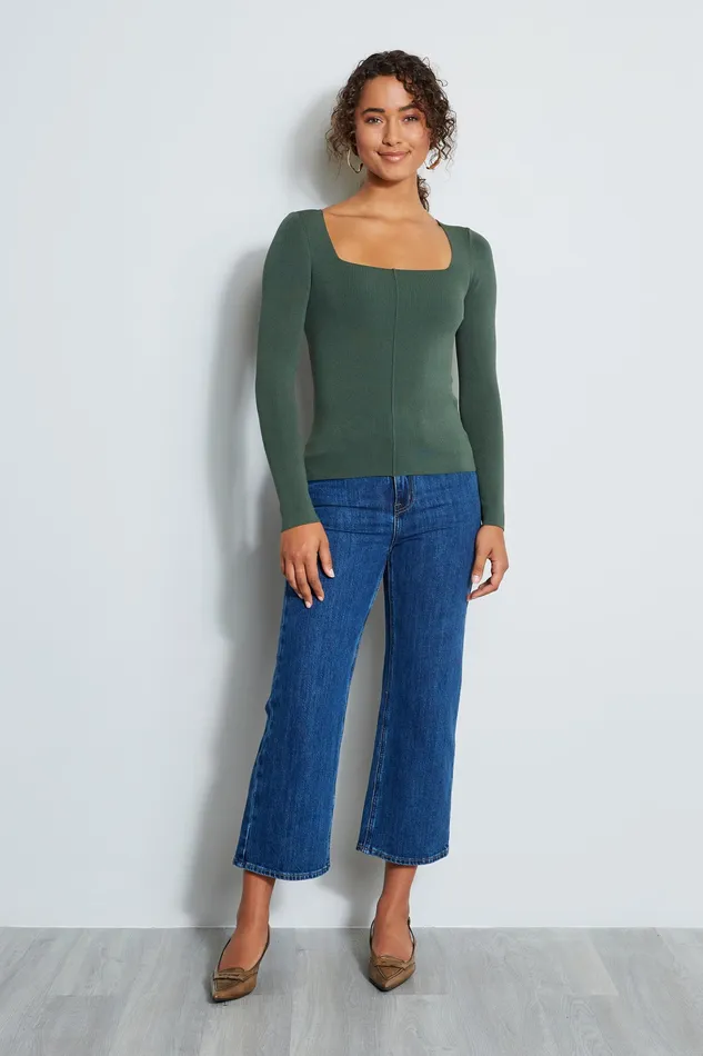 Knits and Sweaters Women Elie Tahari Long Sleeve Square Neck Rib Sweater FOREST Knits and Sweaters Women Elie Tahari Long Sleeve Square Neck Rib Sweater FOREST