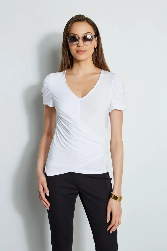 Knits and Sweaters Women Elie Tahari Ruched Sleeve VNeck Knit WHITE