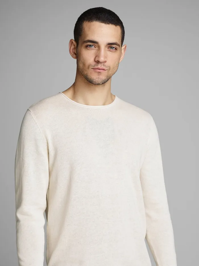 Knitwear JACK and JONES Mens LINEN BLEND KNITTED PULLOVER White Jet Stream Gift for Friend