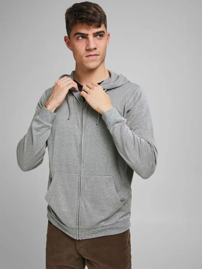 Knitwear JACK and JONES Mens SOFT HOODED ZIP CARDIGAN Grey Light Grey Melange On Sale