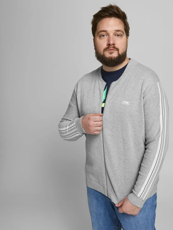 Knitwear JACK and JONES Mens SPORTY ZIP PLUS SIZE CARDIGAN Grey Light Grey Melange Cheap On Sale