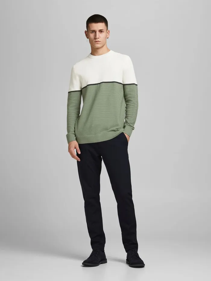 Knitwear JACK and JONES Mens TEXTURED COTTON KNITTED PULLOVER Green Cloud Dancer Casaul