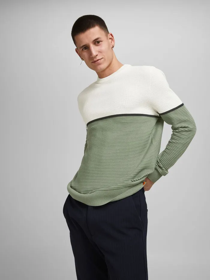 Knitwear JACK and JONES Mens TEXTURED COTTON KNITTED PULLOVER Green Cloud Dancer Casaul