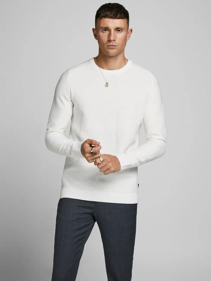Knitwear JACK and JONES Mens TEXTURED CREW NECK KNITTED PULLOVER White Blanc de Blanc On Sale Knitwear JACK and JONES Mens TEXTURED CREW NECK KNITTED PULLOVER White Blanc de Blanc On Sale