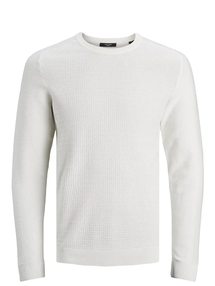Knitwear JACK and JONES Mens TEXTURED CREW NECK KNITTED PULLOVER White Blanc de Blanc On Sale