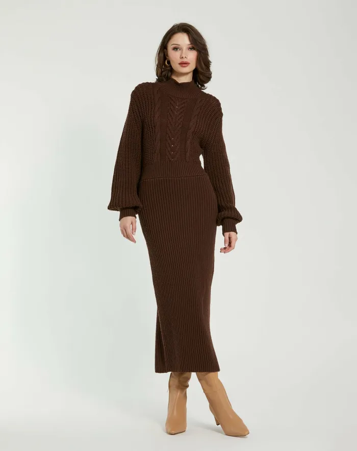 Knitwear Mac Duggal Women Long Sleeve Turtle Neck Knit Midi Dress Chocolate