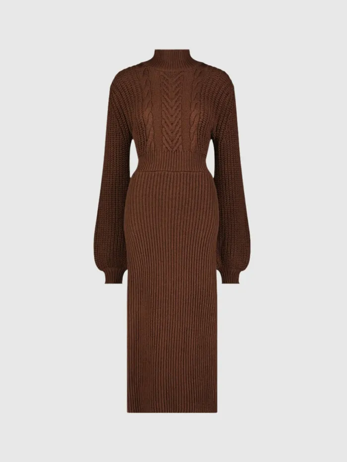 Knitwear Mac Duggal Women Long Sleeve Turtle Neck Knit Midi Dress Chocolate