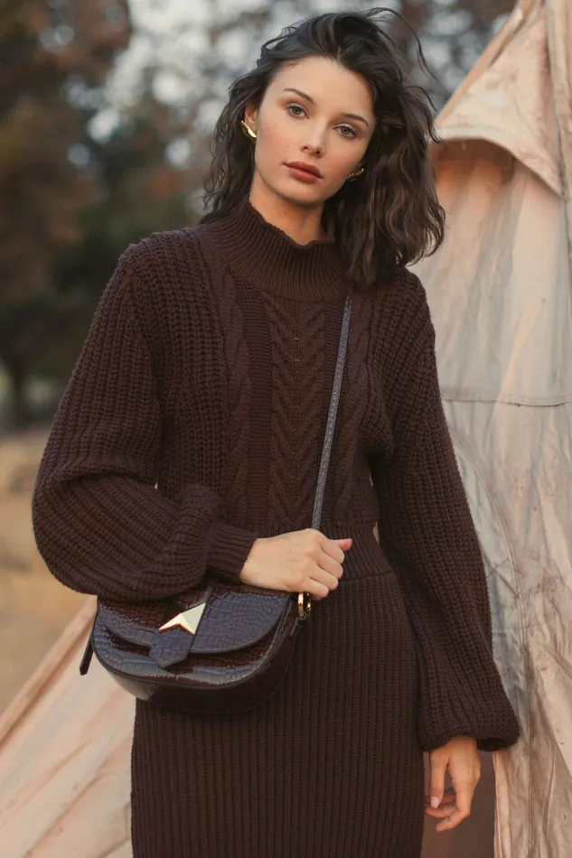 Knitwear Mac Duggal Women Long Sleeve Turtle Neck Knit Midi Dress Chocolate