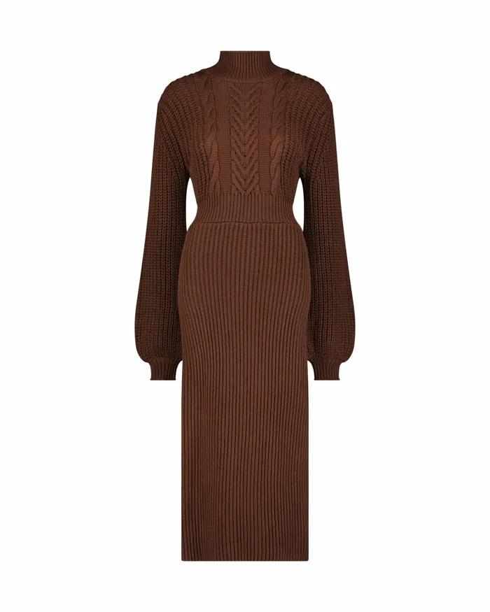 Knitwear Mac Duggal Women Long Sleeve Turtle Neck Knit Midi Dress Chocolate