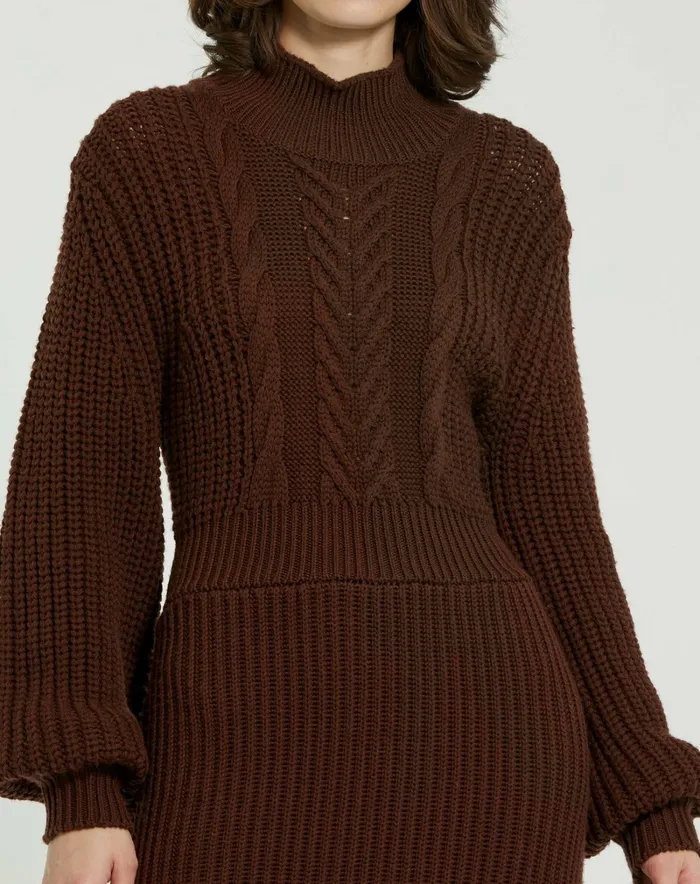 Knitwear Mac Duggal Women Long Sleeve Turtle Neck Knit Midi Dress Chocolate