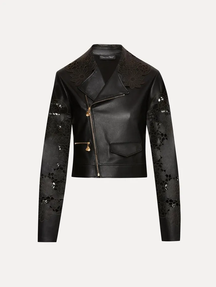 Laser Cut Floral Leather Jacket Black Women Oscar De La Renta Jackets and Coats