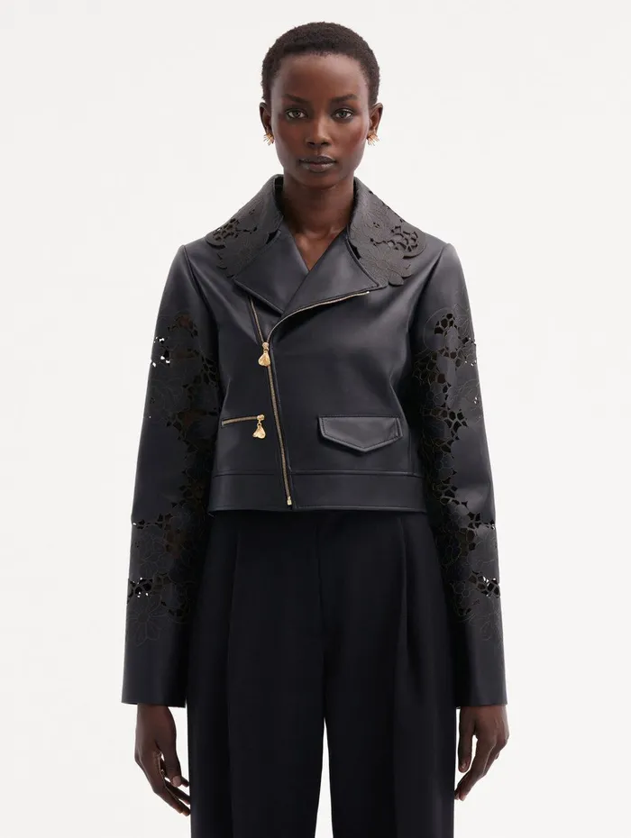 Laser Cut Floral Leather Jacket Black Women Oscar De La Renta Jackets and Coats