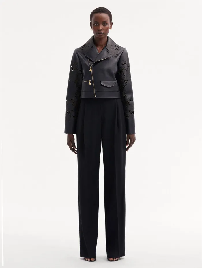 Laser Cut Floral Leather Jacket Black Women Oscar De La Renta Jackets and Coats