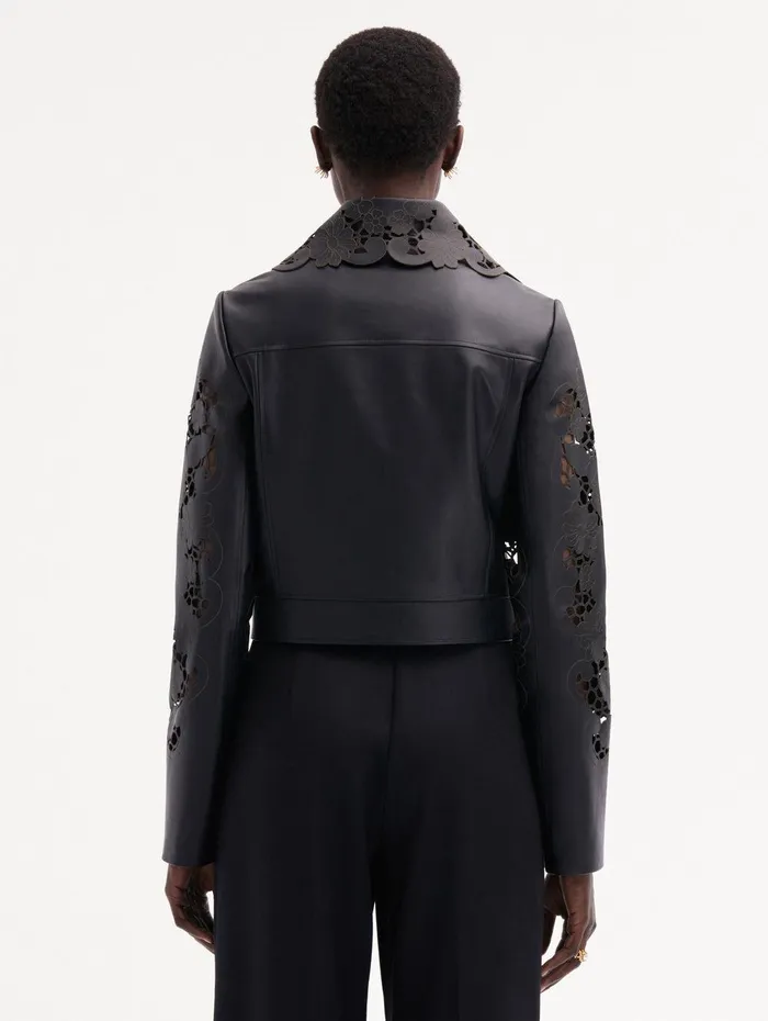Laser Cut Floral Leather Jacket Black Women Oscar De La Renta Jackets and Coats