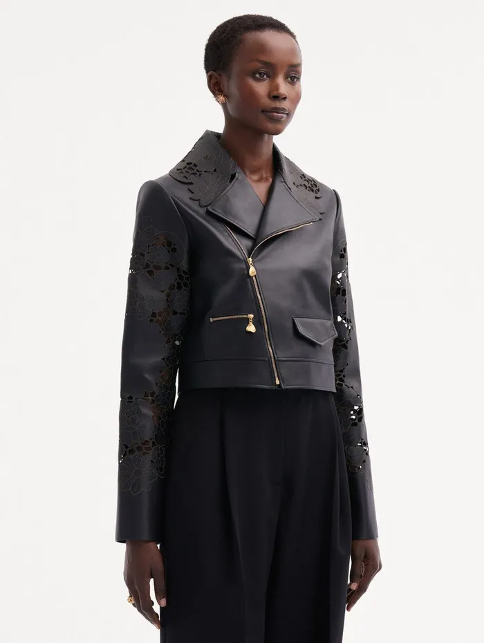 Laser Cut Floral Leather Jacket Black Women Oscar De La Renta Jackets and Coats