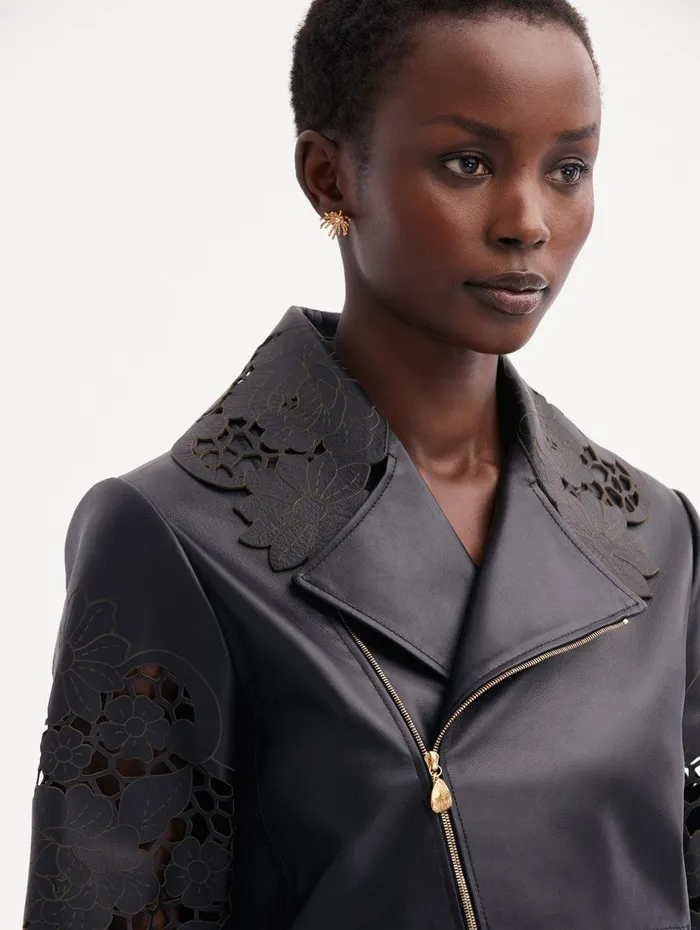 Laser Cut Floral Leather Jacket Black Women Oscar De La Renta Jackets and Coats