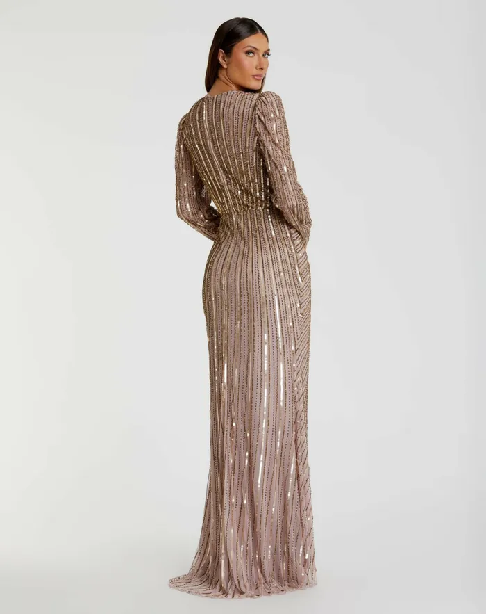 Light Brown Embellished Puff Sleeve Side Knot Gown Mocha Best Sellers Mac Duggal Women