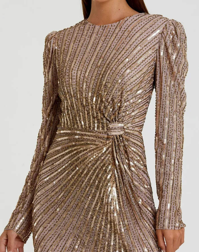 Light Brown Embellished Puff Sleeve Side Knot Gown Mocha Best Sellers Mac Duggal Women