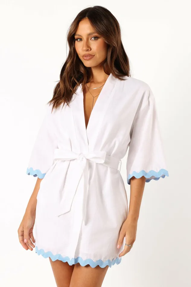 Linen Dresses Women Harry Mini Dress White Blue Petal and Pup