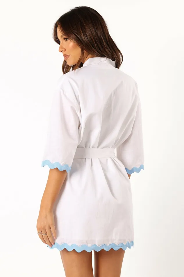 Linen Dresses Women Harry Mini Dress White Blue Petal and Pup