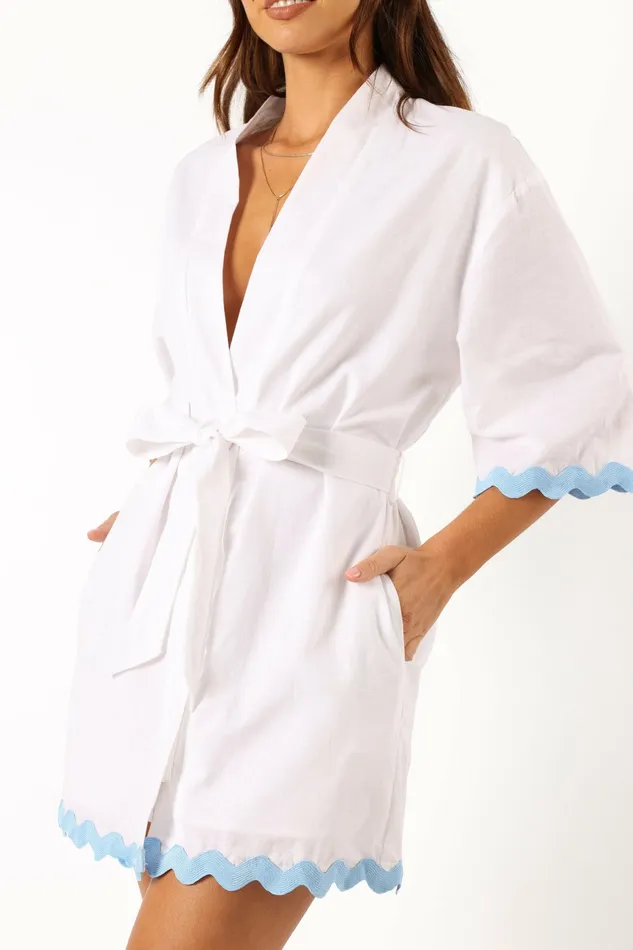 Linen Dresses Women Harry Mini Dress White Blue Petal and Pup