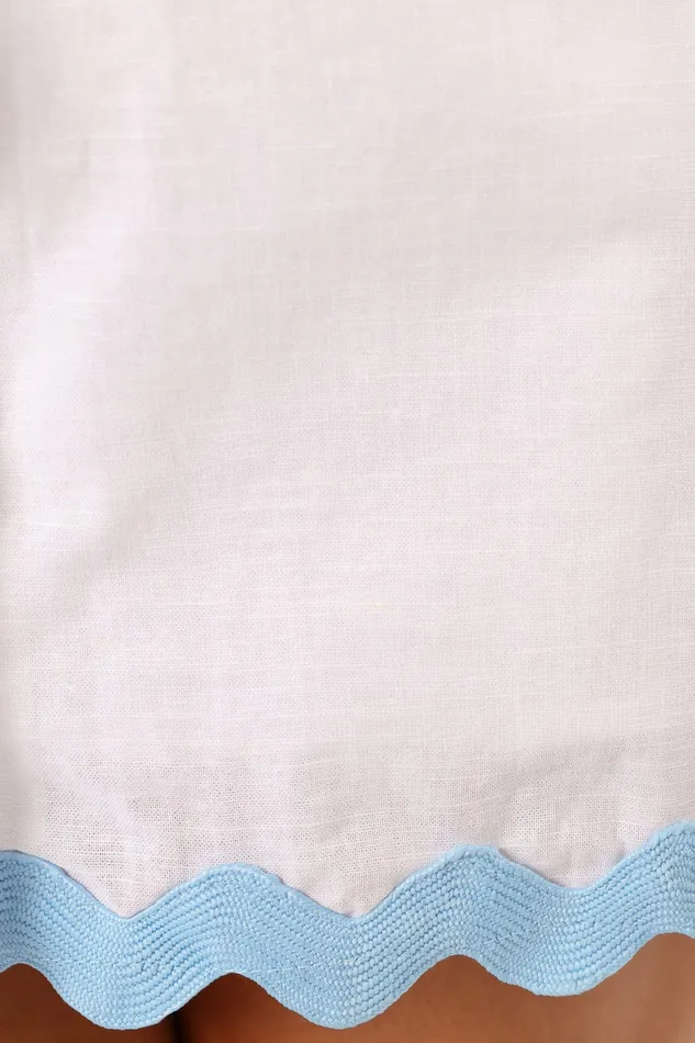 Linen Dresses Women Harry Mini Dress White Blue Petal and Pup