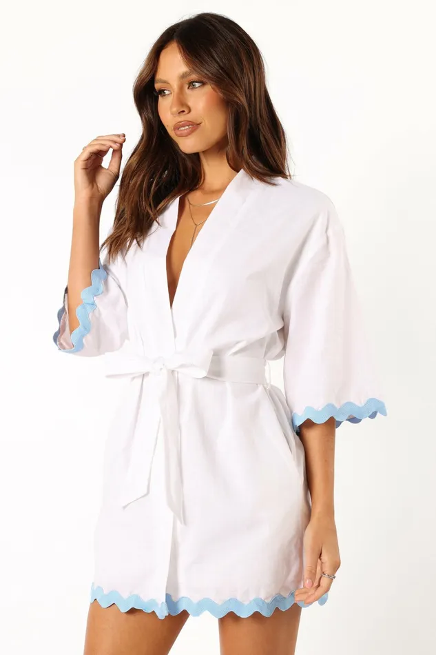 Linen Dresses Women Harry Mini Dress White Blue Petal and Pup