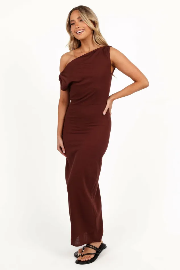 Linen Dresses Women Petal and Pup Kassie Off Shoulder Dress Chocolate Brown