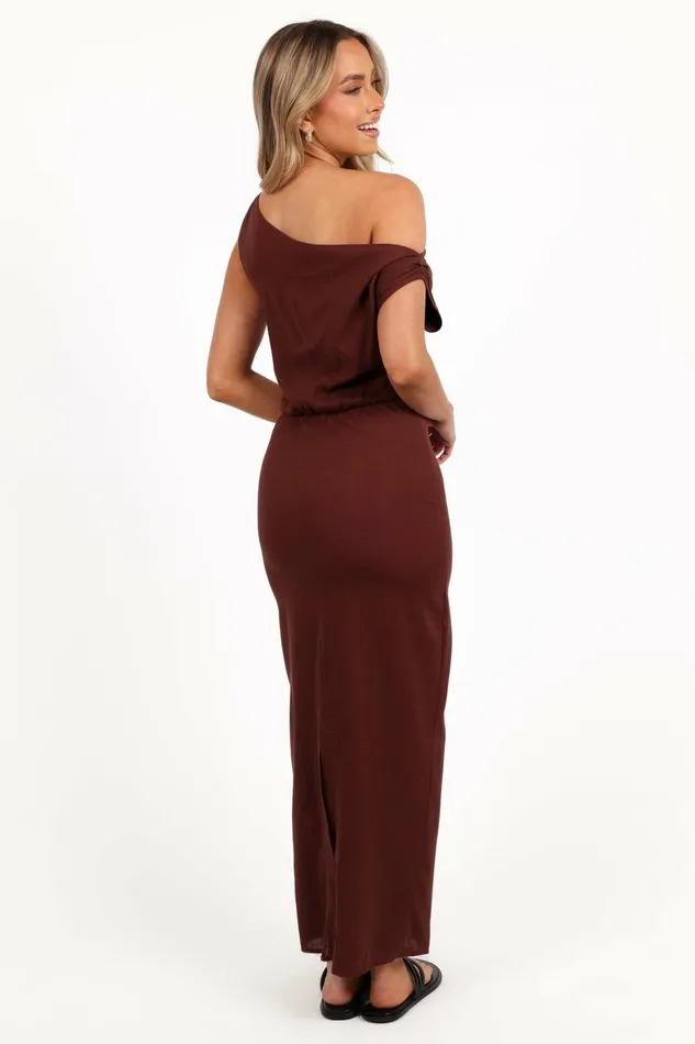 Linen Dresses Women Petal and Pup Kassie Off Shoulder Dress Chocolate Brown