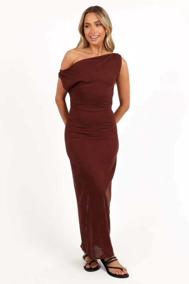 Linen Dresses Women Petal and Pup Kassie Off Shoulder Dress Chocolate Brown
