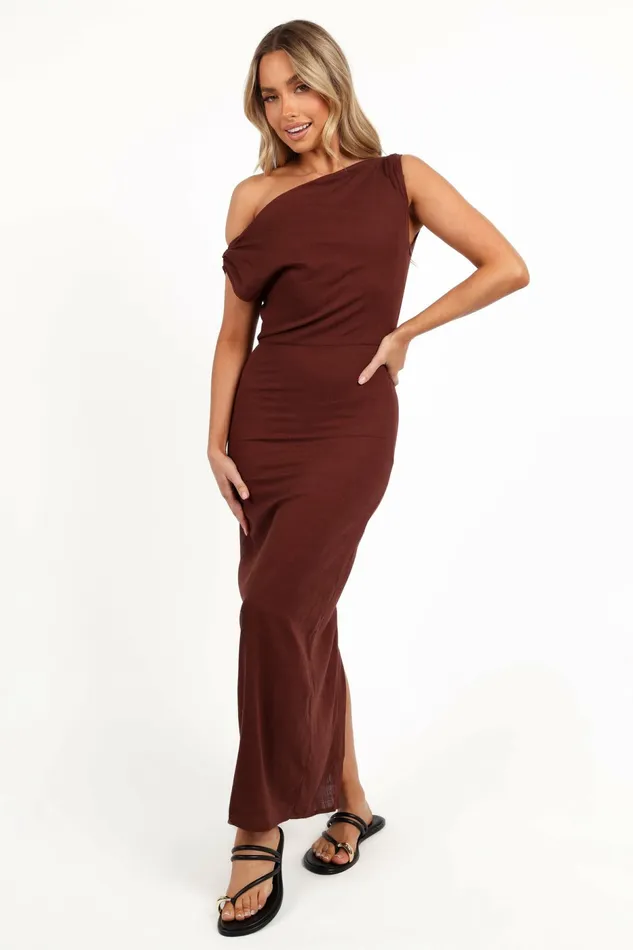 Linen Dresses Women Petal and Pup Kassie Off Shoulder Dress Chocolate Brown