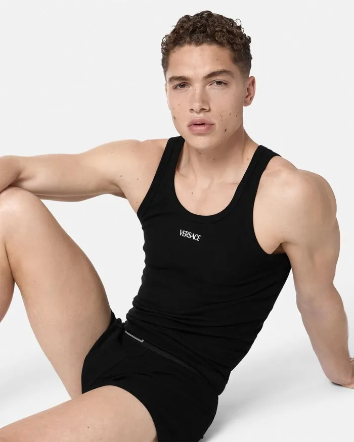 Logo Ribbed Tank Top Black Men Versace Loungewear and Pajamas