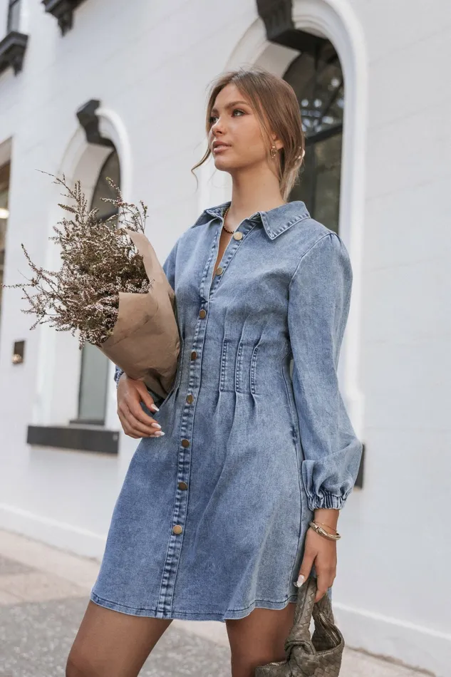 Long Sleeve Dresses Petal and Pup Women Phoenix Long Sleeve Mini Dress Denim