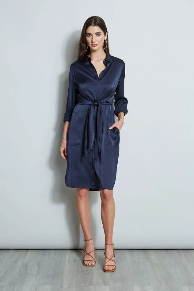 Long Sleeve Dresses Women Elie Tahari Satin Tie Shirt Dress STARGAZER