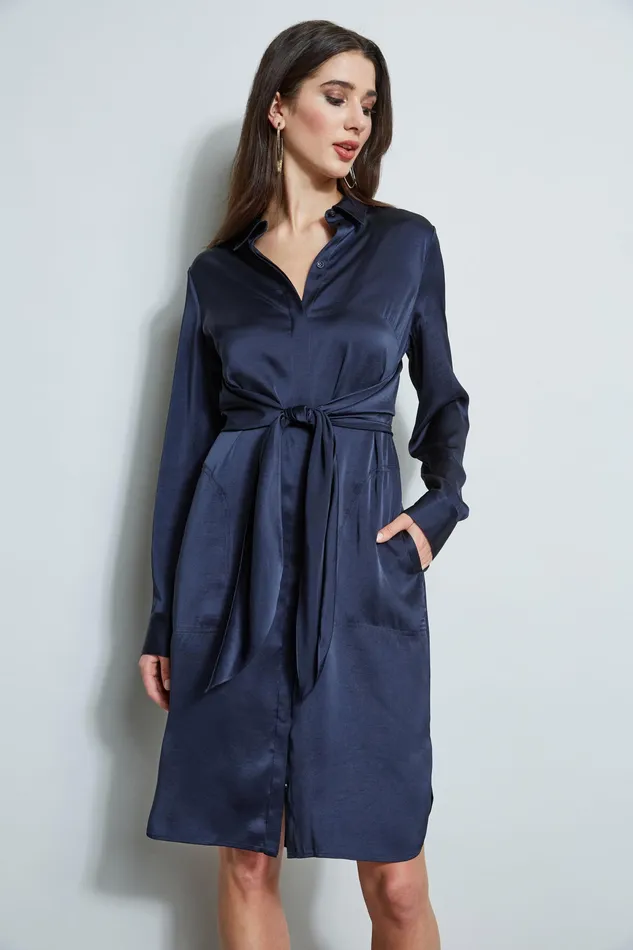 Long Sleeve Dresses Women Elie Tahari Satin Tie Shirt Dress STARGAZER