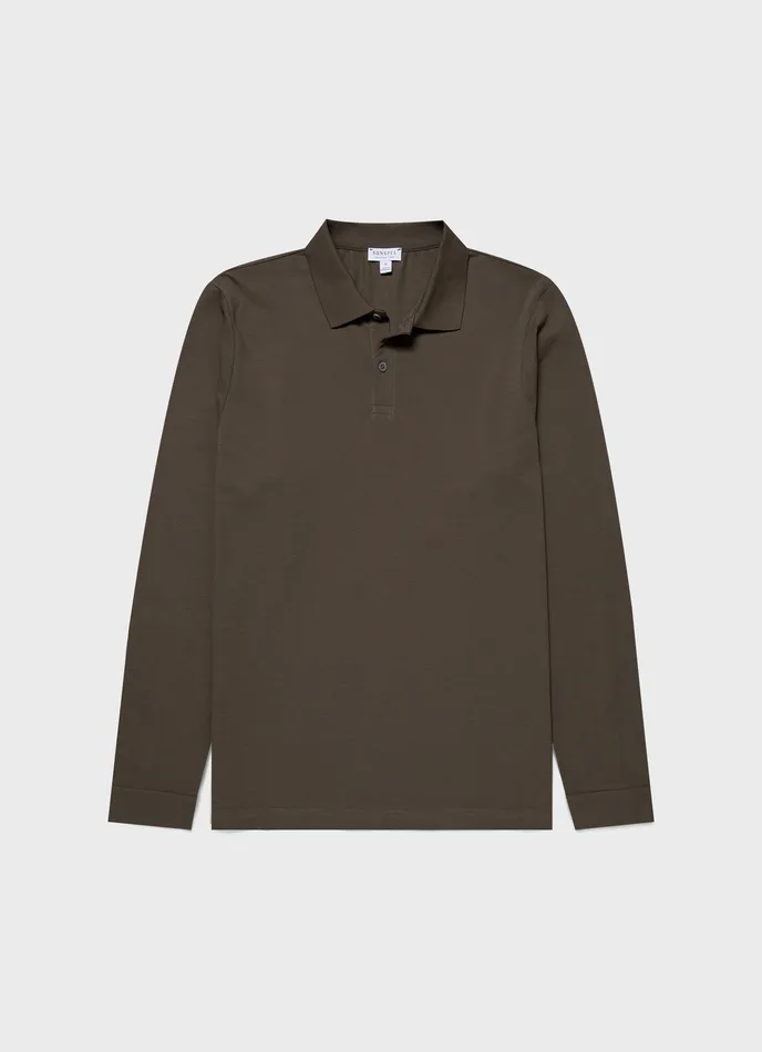 Long Sleeve Piqu Polo Shirt Khaki Men Polo Shirts ussunspel
